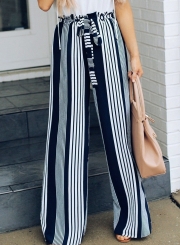 Casual Loose Striped High Waist Straight Wide Leg Pants With Tie