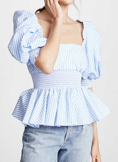 Casual Striped Lantern Sleeve Square Neck Backless Elastic Waist Blouse LEXELFASHIONINTSHOPS.com