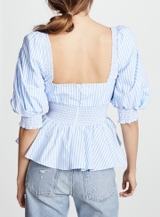 Casual Striped Lantern Sleeve Square Neck Backless Elastic Waist Blouse