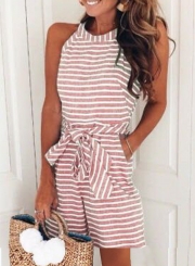 Casual Striped Sleeveless Round Neck Waist Lace-Up Romper With Pockets