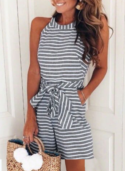 Casual Striped Sleeveless Round Neck Waist Lace-Up Romper With Pockets