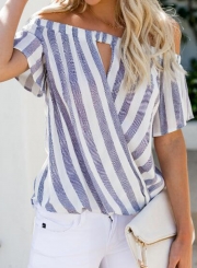 Summer Sexy Striped Off The Shoulder Short Sleeve Wrap Loose Blouse