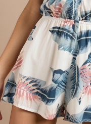 Summer Leaf Printed Halter Sleeveless Elastic Waist Wide Leg Romper