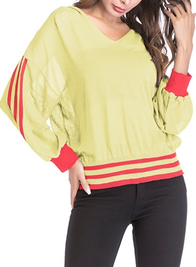 Casual Striped Long Sleeve V Neck Hoodie Loose Transparent Pullover Tee STYLESIMO.com