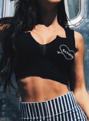 Summer Sexy Slim V Neck Sleeveless Tank Letters Printed Crop Top