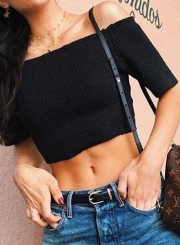 Sexy Off The Shoulder Short Sleeve Lace-Up Solid Reversible Crop Top