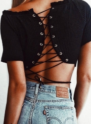 Sexy Off The Shoulder Short Sleeve Lace-Up Solid Reversible Crop Top