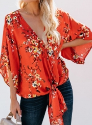 Summer Casual Loose Floral Printed Flare Sleeve V Neck Lace-Up Blouse