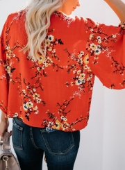 Summer Casual Loose Floral Printed Flare Sleeve V Neck Lace-Up Blouse