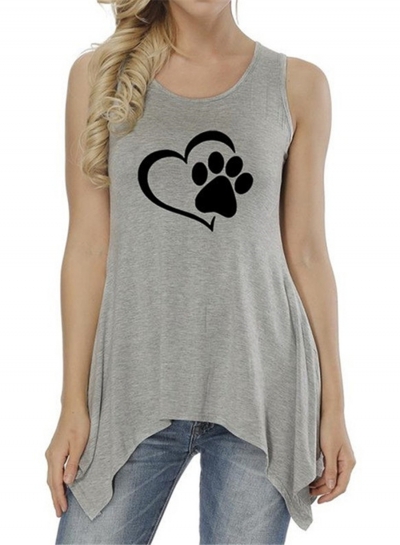 Summer Casual Loose Heart Printed Sleeveless Round Neck Irregular Tee YOUYOUFASHIONEC.com