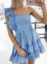 Summer Fashion Striped One Shoulder Waist Tie Flounce Mini Dress
