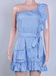 Summer Fashion Striped One Shoulder Waist Tie Flounce Mini Dress