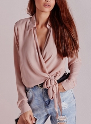 Casual Turn Down Collar V Neck Long Sleeve Wrap Knot Solid Loose Blouse