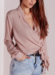 Casual Turn Down Collar V Neck Long Sleeve Wrap Knot Solid Loose Blouse