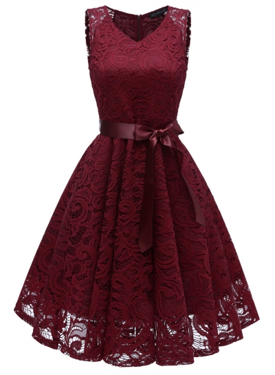 Elegant Lace Waist Tie Sleeveless V Neck Swing Midi Dress With Zip STYLESIMO.com