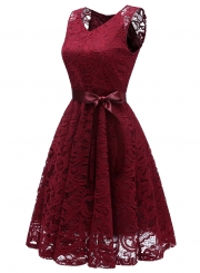 Elegant Lace Waist Tie Sleeveless V Neck Swing Midi Dress With Zip