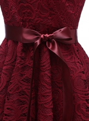Elegant Lace Waist Tie Sleeveless V Neck Swing Midi Dress With Zip