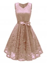 Elegant Lace Waist Tie Sleeveless V Neck Swing Midi Dress With Zip