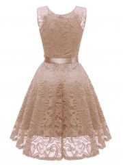 Elegant Lace Waist Tie Sleeveless V Neck Swing Midi Dress With Zip