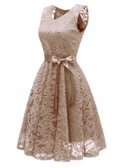 Elegant Lace Waist Tie Sleeveless V Neck Swing Midi Dress With Zip