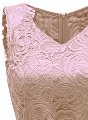 Elegant Lace Waist Tie Sleeveless V Neck Swing Midi Dress With Zip