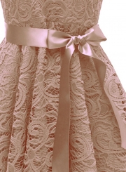 Elegant Lace Waist Tie Sleeveless V Neck Swing Midi Dress With Zip