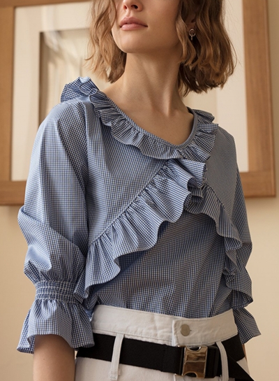 Casual Vintage Half Sleeve Round Neck Ruffle Plaid Blouse YOUYOUFASHIONEC.com