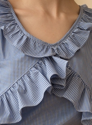 Casual Vintage Half Sleeve Round Neck Ruffle Plaid Blouse