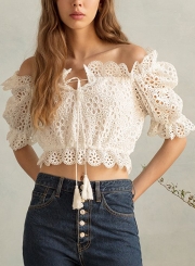 Sexy Off The Shoulder Half Sleeve Crop Top Lace Hollow Out Blouse