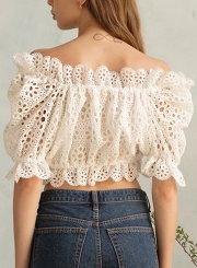 Sexy Off The Shoulder Half Sleeve Crop Top Lace Hollow Out Blouse