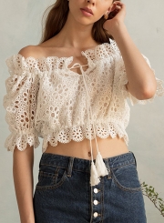 Sexy Off The Shoulder Half Sleeve Crop Top Lace Hollow Out Blouse