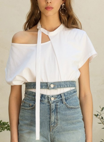 Summer Fashion One Shoulder Short Sleeve Solid Loose Irregular Tee LEXELFASHIONINTSHOPS.com