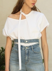 Summer Fashion One Shoulder Short Sleeve Solid Loose Irregular Tee