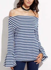 Casual Sexy Striped Off The Shoulder Flare Sleeve Slim Pullover Tee