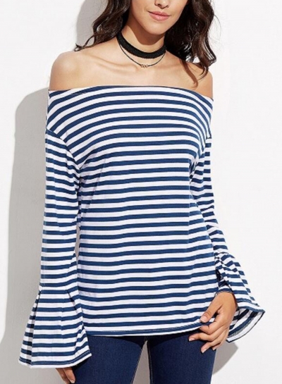 Casual Sexy Striped Off The Shoulder Flare Sleeve Slim Pullover Tee STYLESIMO.com