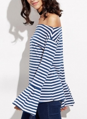 Casual Sexy Striped Off The Shoulder Flare Sleeve Slim Pullover Tee