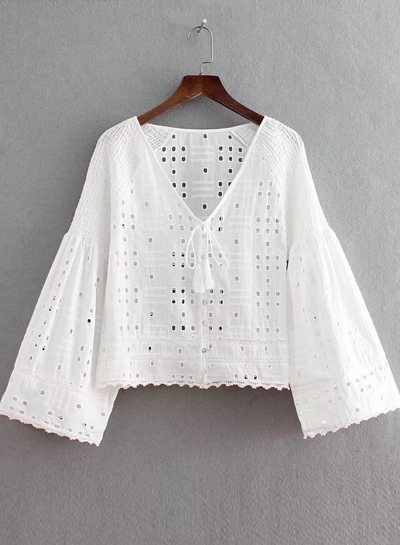 Summer Casual V Neck Flare Sleeve Hollow Out Loose Blouse YOUYOUFASHIONEC.com