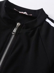 Casual Striped Full Zip Crop Top Long Sleeve Stand Collar Slim Coat
