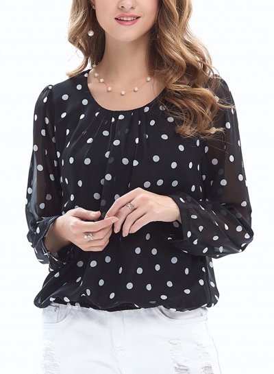 Casual Polka Dots Long Sleeve Round Neck Loose Pullover Blouse