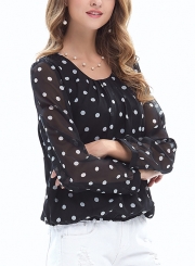 Casual Polka Dots Long Sleeve Round Neck Loose Pullover Blouse