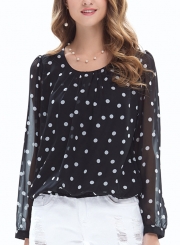 Casual Polka Dots Long Sleeve Round Neck Loose Pullover Blouse