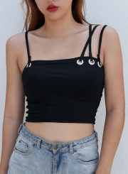 Summer Slim Spaghetti Strap Backless Solid Irregular Crop Top