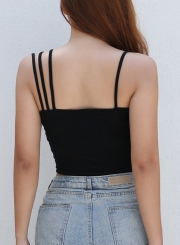 Summer Slim Spaghetti Strap Backless Solid Irregular Crop Top