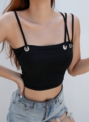 Summer Slim Spaghetti Strap Backless Solid Irregular Crop Top