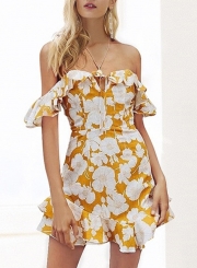 Summer Sexy Floral Printed Off The Shoulder Bow Ruffle Trim Mini Dress