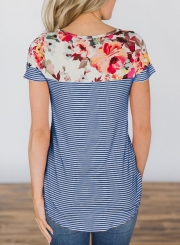 Summer Casual Loose Floral Printed Striped Round NeckTee With Pockets