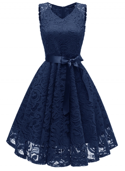 Elegant Lace Waist Tie Sleeveless V Neck Swing Midi Dress With Zip YOUYOUFASHIONEC.com