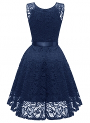 Elegant Lace Waist Tie Sleeveless V Neck Swing Midi Dress With Zip