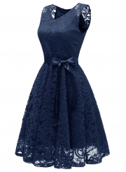 Elegant Lace Waist Tie Sleeveless V Neck Swing Midi Dress With Zip