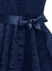 Elegant Lace Waist Tie Sleeveless V Neck Swing Midi Dress With Zip